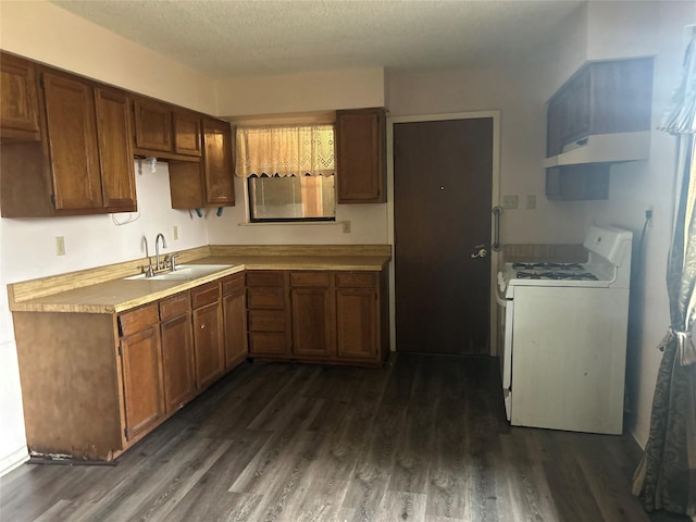 kitchen with dark hardwood / wood-style flooring, a textured ceiling, exhaust hood, sink, and white range with gas stovetop