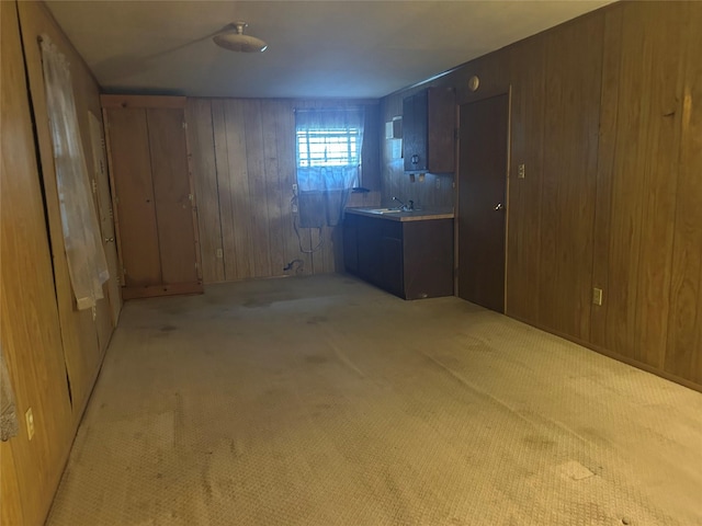 basement featuring light colored carpet, sink, and wood walls