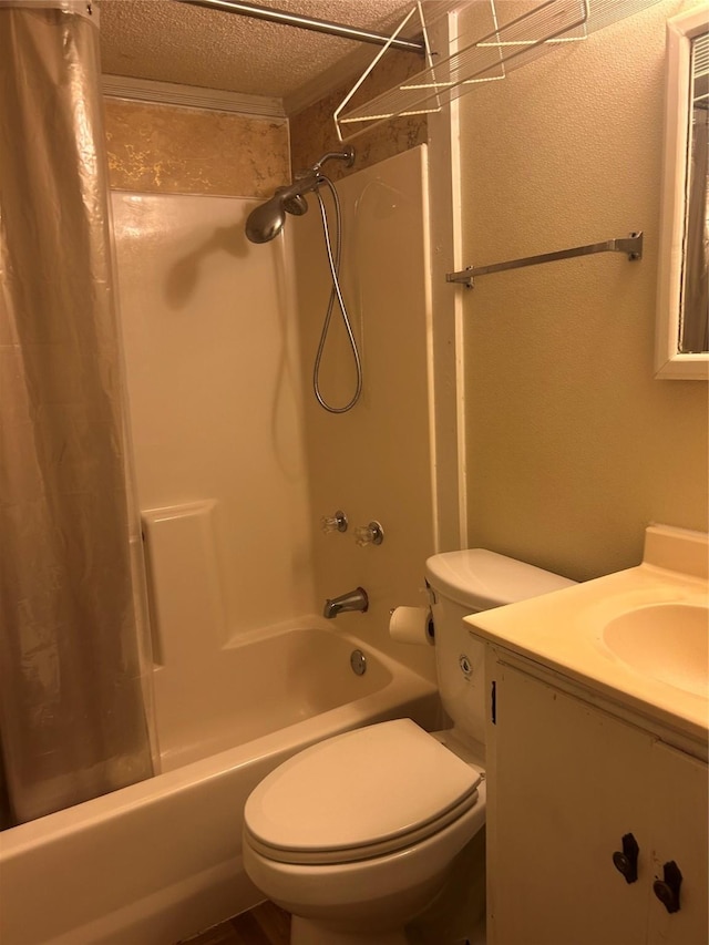 full bathroom with shower / tub combo, vanity, a textured ceiling, and toilet