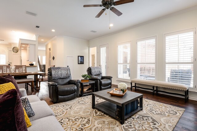 living room featuring hardwood / wood-style floors, ornamental molding, a wealth of natural light, and ceiling fan