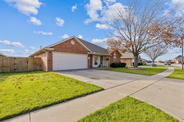 single story home featuring a garage and a front yard