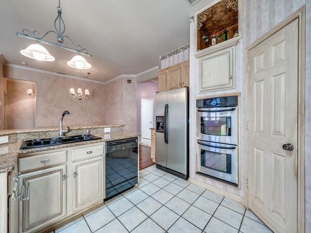 kitchen with sink, crown molding, light tile patterned floors, appliances with stainless steel finishes, and decorative light fixtures