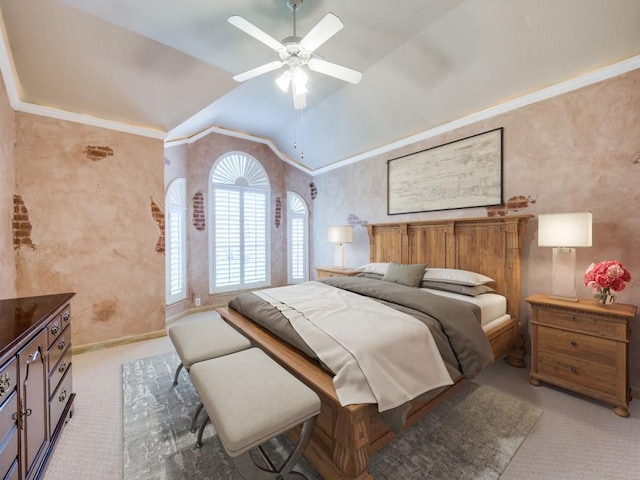 bedroom featuring ceiling fan, light colored carpet, lofted ceiling, and ornamental molding