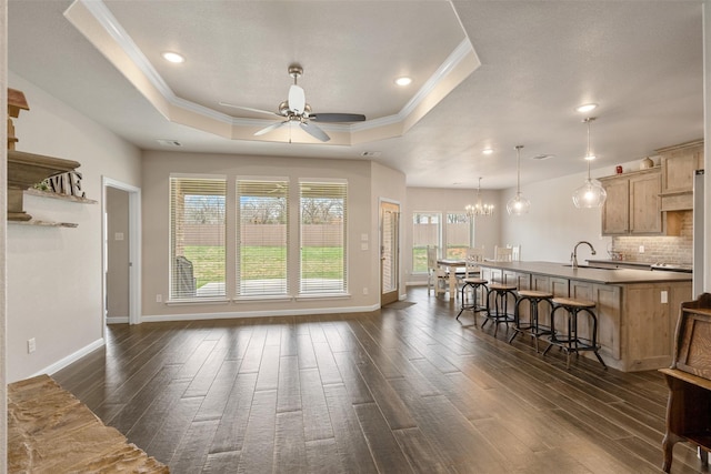 living room featuring sink, a tray ceiling, dark wood-type flooring, and ornamental molding