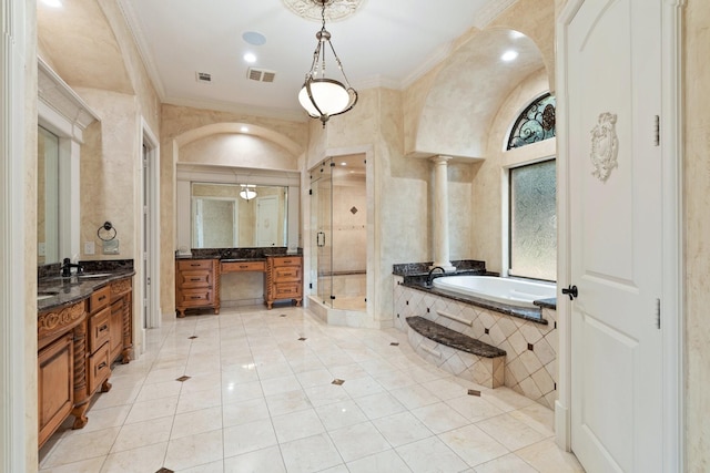 bathroom with plus walk in shower, vanity, tile patterned floors, and ornamental molding