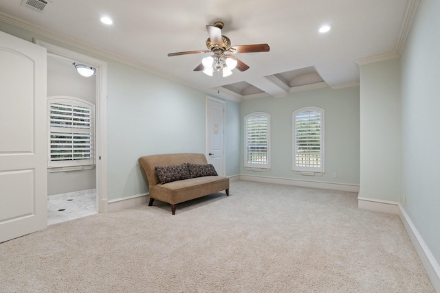 living area with light carpet, ornamental molding, coffered ceiling, ceiling fan, and beam ceiling