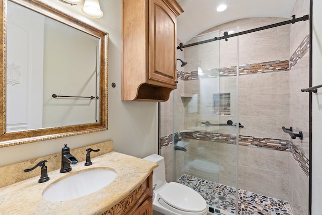 bathroom with vanity, toilet, and a shower with shower door