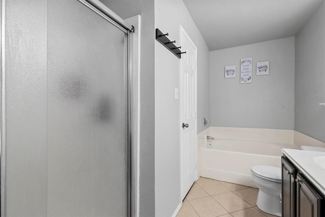 full bathroom featuring tile patterned flooring, vanity, toilet, and plus walk in shower