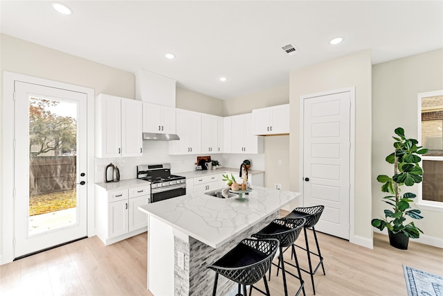 kitchen featuring white cabinetry, stainless steel gas range oven, a kitchen island with sink, and sink