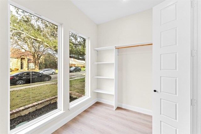 walk in closet with light hardwood / wood-style floors