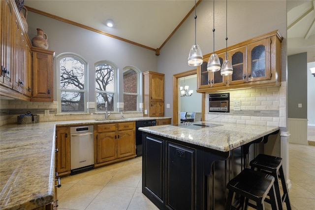 kitchen with a breakfast bar, black appliances, light stone countertops, ornamental molding, and light tile patterned flooring