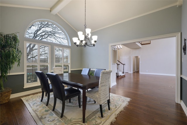 dining room with lofted ceiling with beams, dark hardwood / wood-style floors, crown molding, and a notable chandelier