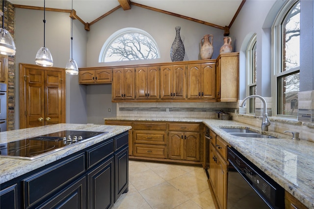 kitchen featuring tasteful backsplash, black appliances, sink, pendant lighting, and lofted ceiling with beams