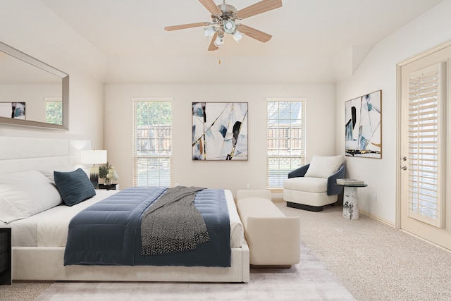 carpeted bedroom with ceiling fan, access to exterior, and multiple windows