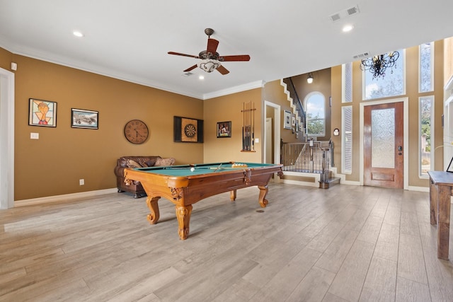 game room with pool table, ceiling fan, light wood-type flooring, and ornamental molding