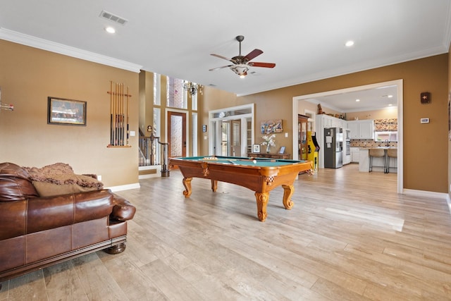 rec room featuring pool table, ceiling fan, light hardwood / wood-style flooring, and ornamental molding