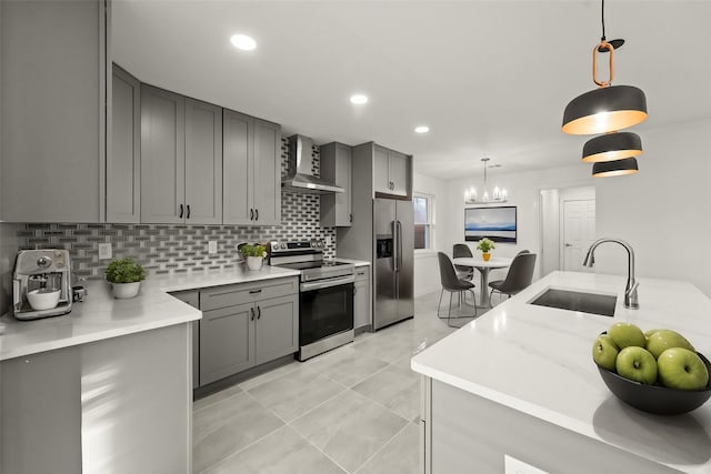 kitchen featuring backsplash, wall chimney range hood, sink, appliances with stainless steel finishes, and decorative light fixtures