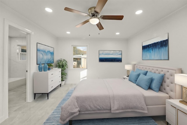 bedroom featuring ceiling fan and ornamental molding