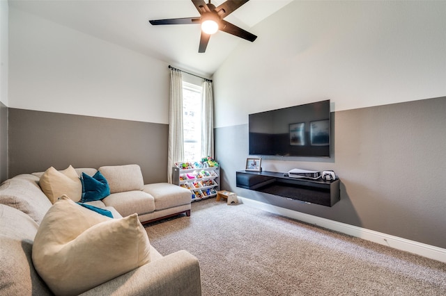 carpeted living room featuring ceiling fan and lofted ceiling