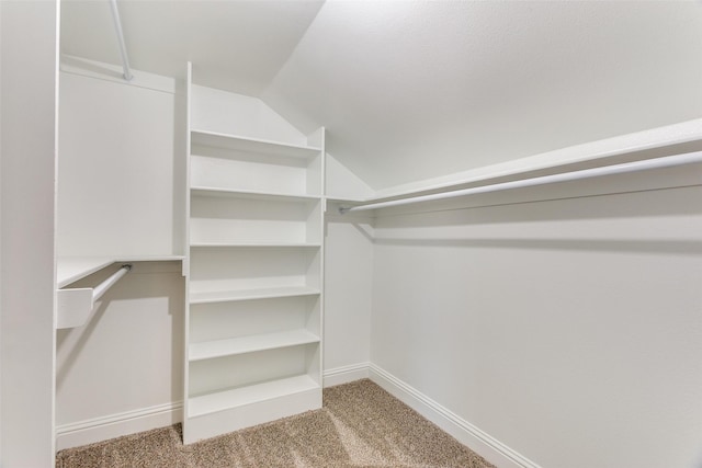 walk in closet with vaulted ceiling and carpet floors