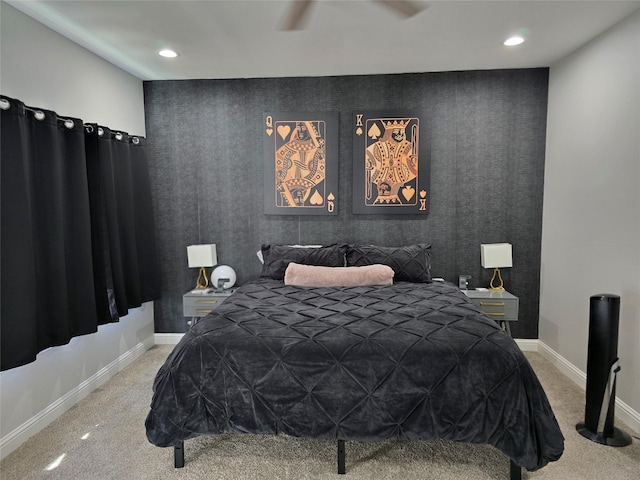 carpeted bedroom featuring ceiling fan