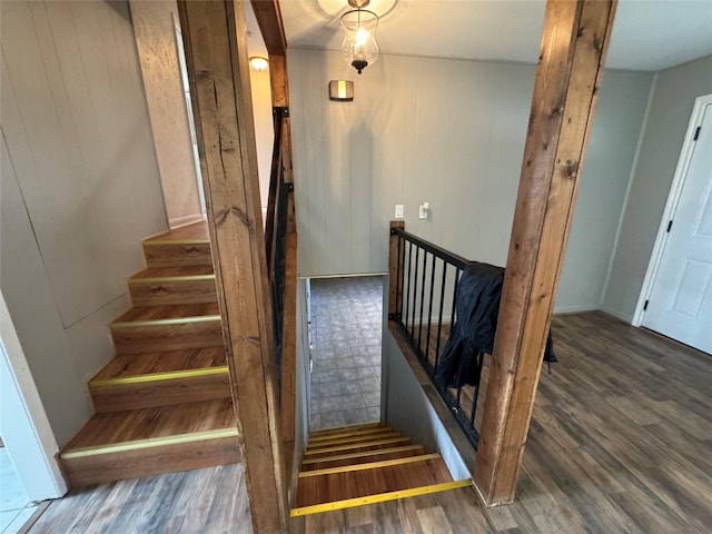 staircase featuring wood-type flooring and wood walls