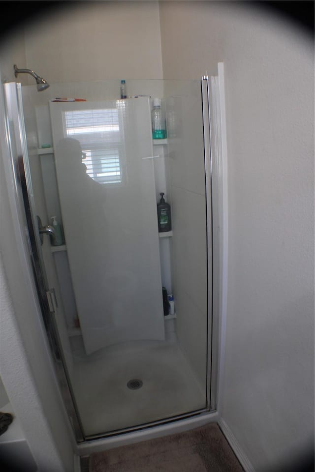 bathroom featuring a shower with shower door