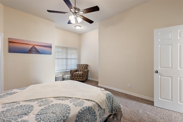 bedroom with ceiling fan and carpet floors