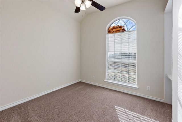 unfurnished room featuring carpet floors, ceiling fan, and lofted ceiling