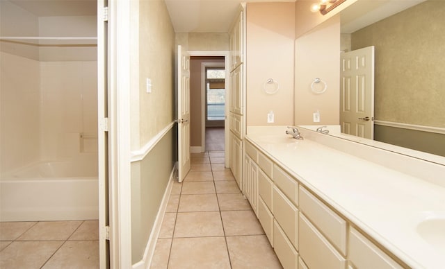 bathroom with tile patterned flooring, vanity, and bathing tub / shower combination