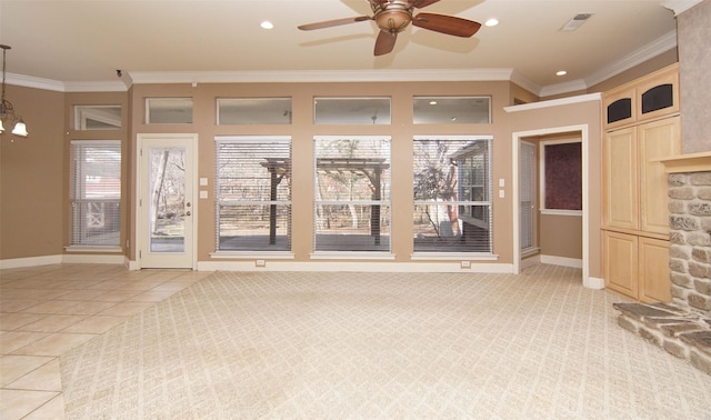 unfurnished living room featuring crown molding, ceiling fan with notable chandelier, and light tile patterned floors