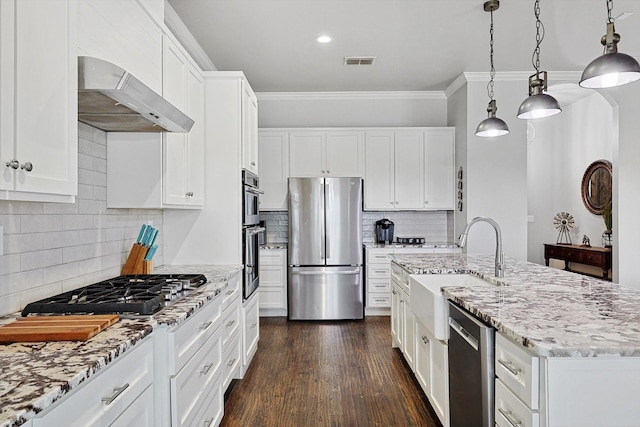 kitchen with white cabinets, decorative light fixtures, range hood, and appliances with stainless steel finishes