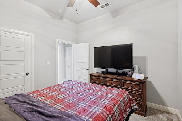 bedroom with ceiling fan and light colored carpet