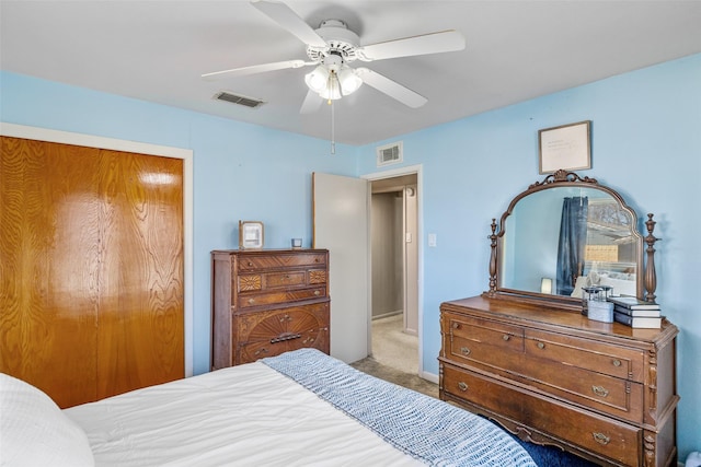 carpeted bedroom featuring ceiling fan