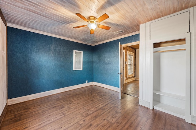 unfurnished bedroom featuring wood-type flooring, electric panel, ceiling fan, crown molding, and wooden ceiling