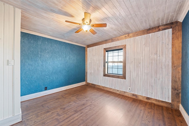 unfurnished room featuring wood ceiling, ceiling fan, baseboards, and wood finished floors