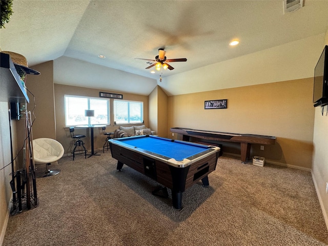 playroom with lofted ceiling, pool table, a textured ceiling, ceiling fan, and carpet