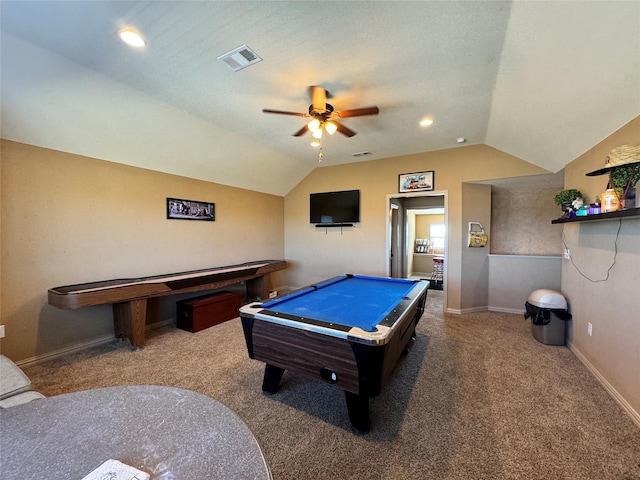 recreation room featuring ceiling fan, pool table, vaulted ceiling, and carpet