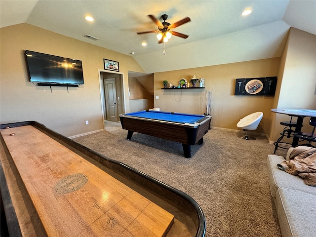 rec room with lofted ceiling, pool table, and carpet floors