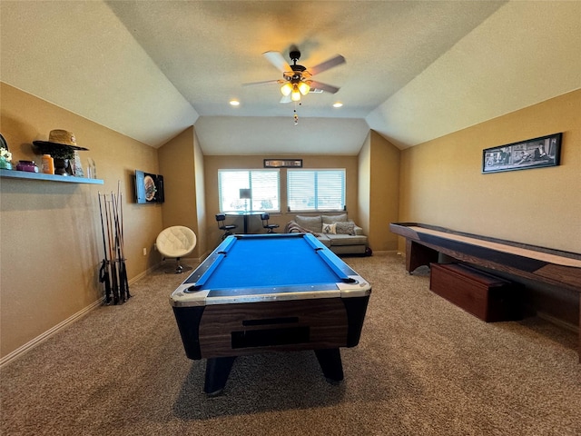 playroom with pool table, vaulted ceiling, a textured ceiling, and carpet flooring