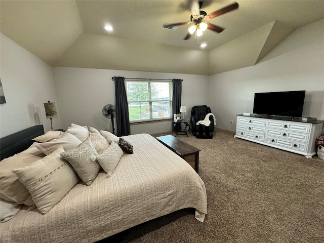 carpeted bedroom featuring vaulted ceiling and ceiling fan