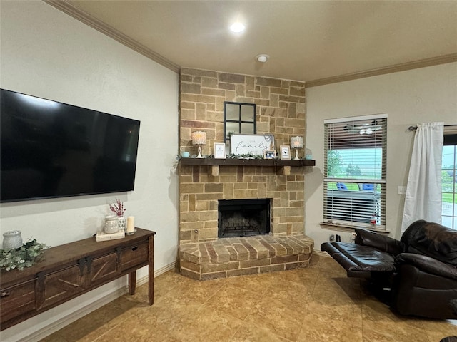 living room featuring ornamental molding and a fireplace