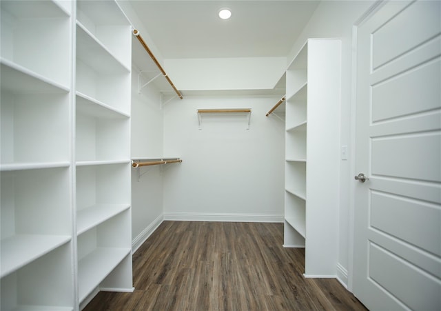 walk in closet with dark wood-type flooring