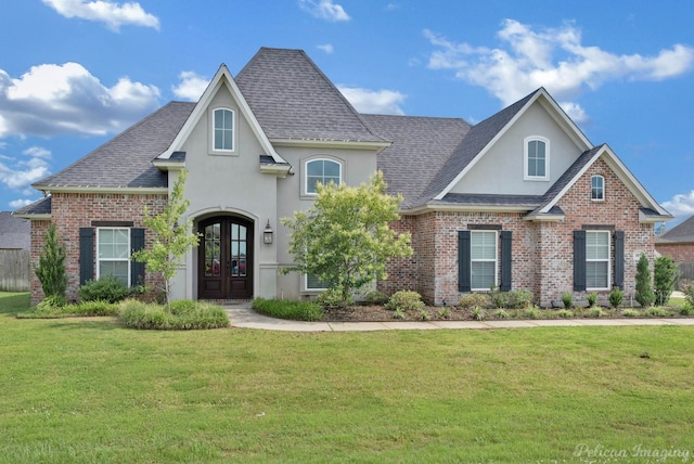 view of front of house with a front yard and french doors