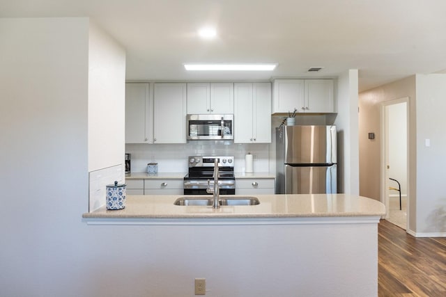 kitchen with backsplash, stainless steel appliances, white cabinets, dark hardwood / wood-style flooring, and kitchen peninsula