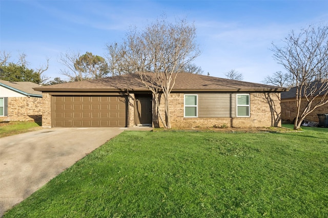 ranch-style home with a garage and a front yard