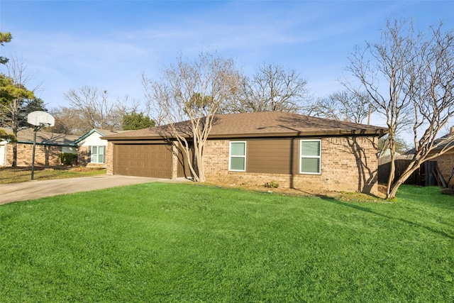 single story home with a garage and a front yard