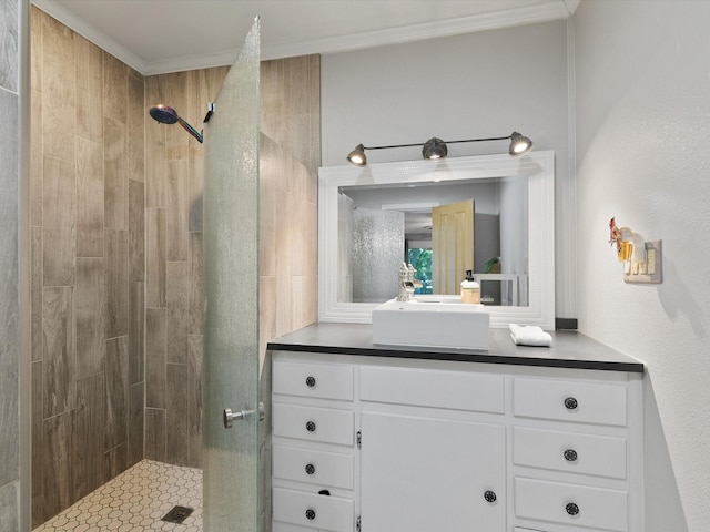 bathroom featuring vanity and a tile shower