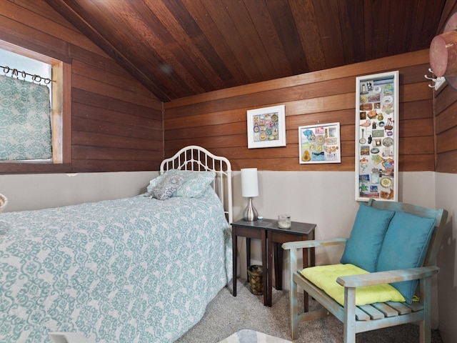 carpeted bedroom featuring wood ceiling, vaulted ceiling, and wood walls