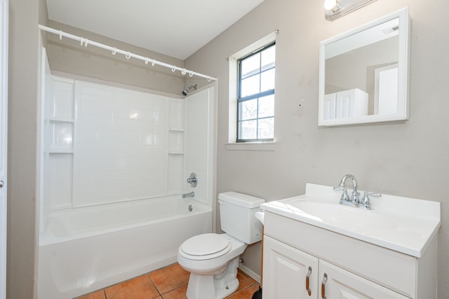 full bathroom with vanity, tub / shower combination, tile patterned floors, and toilet